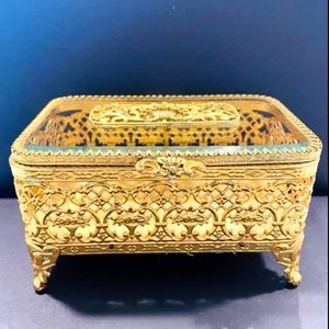 Matson Ormolu Footed Jewelry Box Beveled Glass Floral Medallion